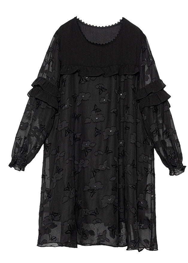 Boho Black Embroidered Patchwork Ruffles Chiffon Maxi Dresses Spring