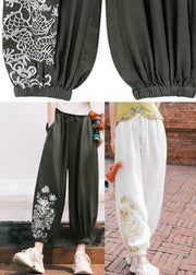 Boho Black Embroidered Pockets Tie Waist Crop Pants Fall