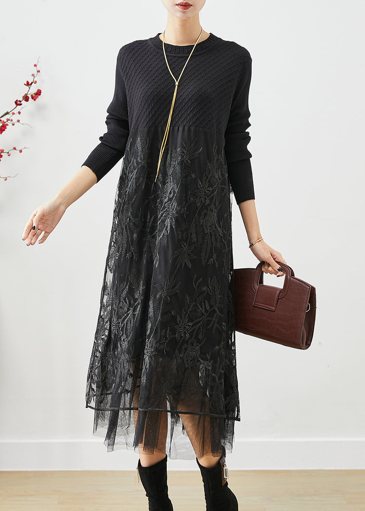 Boho Black Embroidered Tulle Patchwork Knit Long Dress Fall
