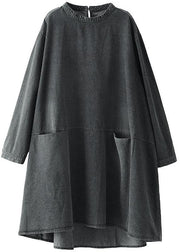 Boho Black Grey O-Neck Pockets Denim Long Dresses Long Sleeve - SooLinen