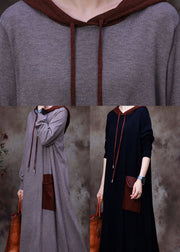 Boho schwarzes Kapuzenwoll-Sweatshirt-Kleid Winter
