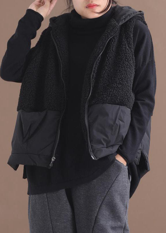 Boho Black Hooded Zippered Pockets Patchwork Winter Waistcoat