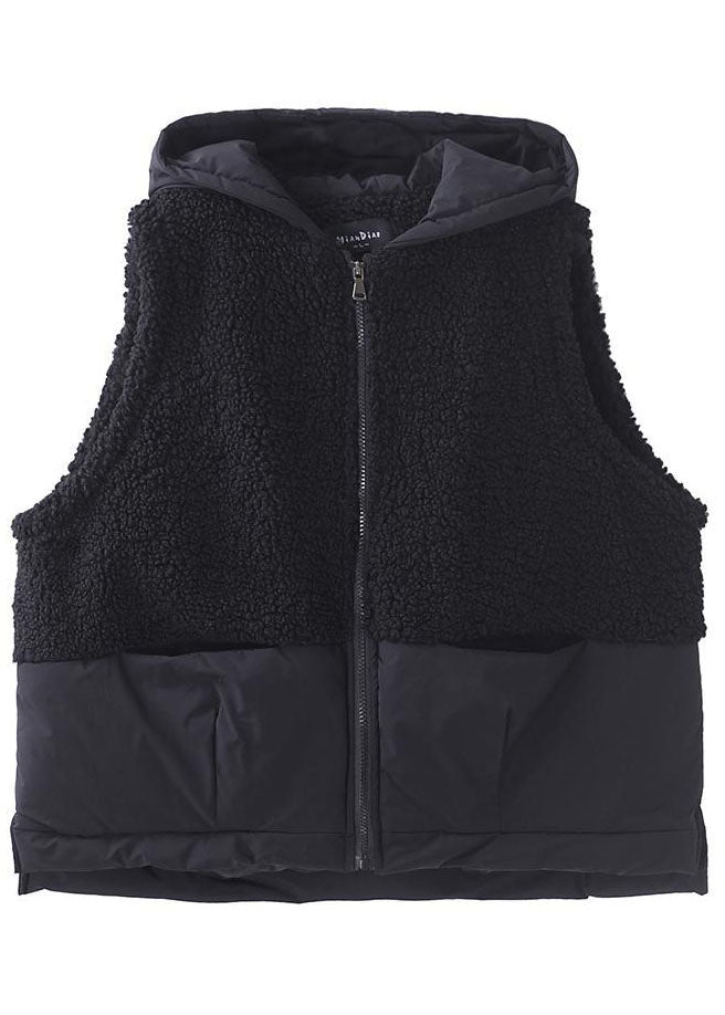 Boho Black Hooded Zippered Pockets Patchwork Winter Waistcoat