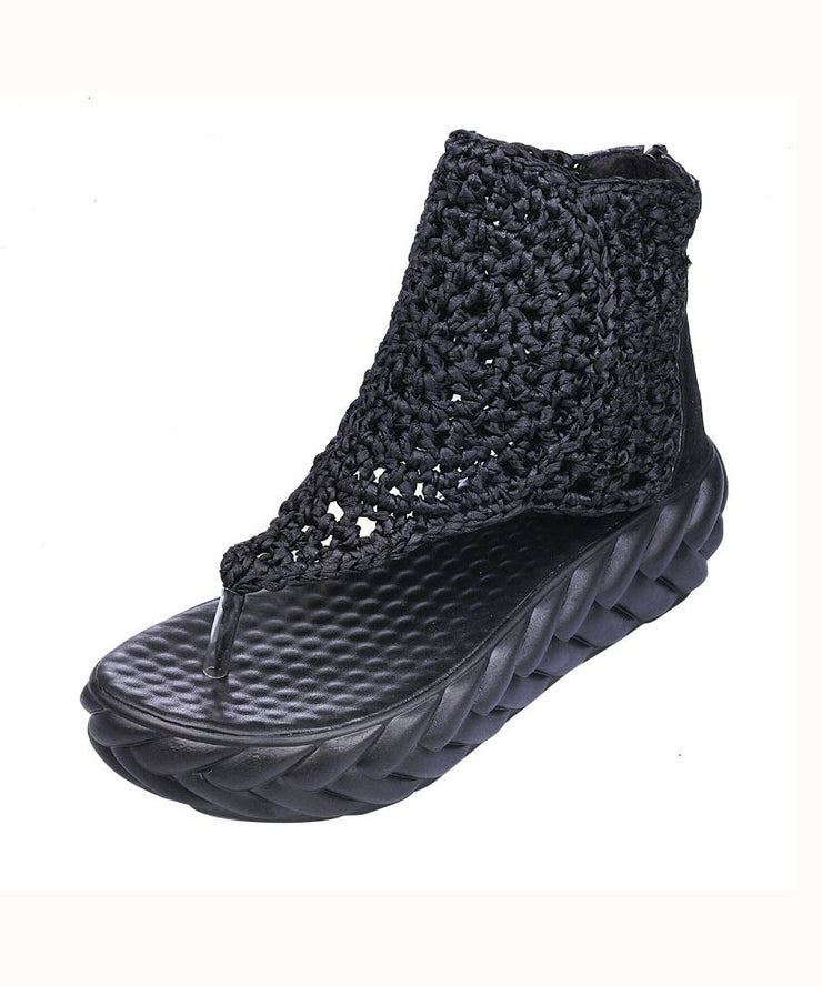 Boho Black Knit Fabric Splicing Platform Peep Toe Sandals