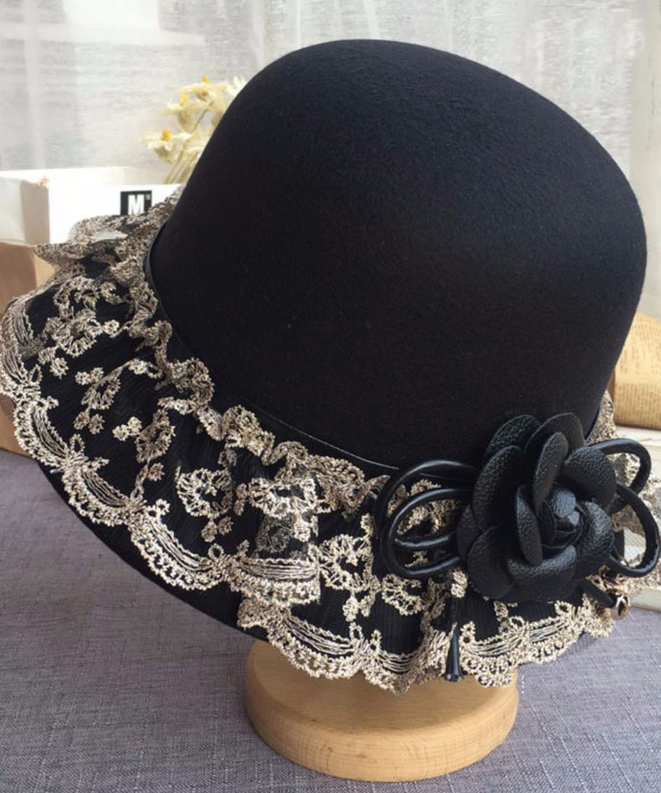 Boho Black Lace Patchwork Floral Woolen Bucket Hat