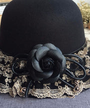 Boho Black Lace Patchwork Floral Woolen Bucket Hat