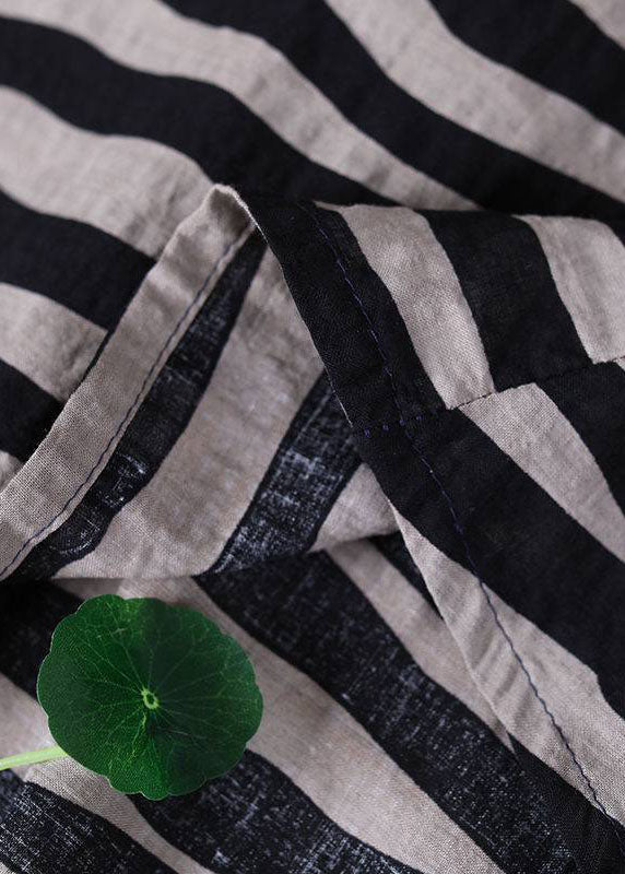 Boho schwarzes lockeres O-Neck gekräuseltes Herbst-gestreiftes Hemd mit halben Ärmeln