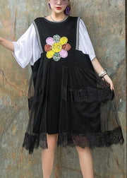 Boho Black Nail bead Print Asymmetrical Design Patchwork Fall Mid Dress Half Sleeve
