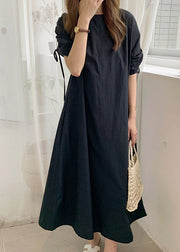 Boho Black O-Neck Drawstring Cotton Long Dress Summer