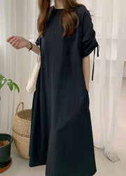 Boho Black O-Neck Drawstring Cotton Long Dress Summer
