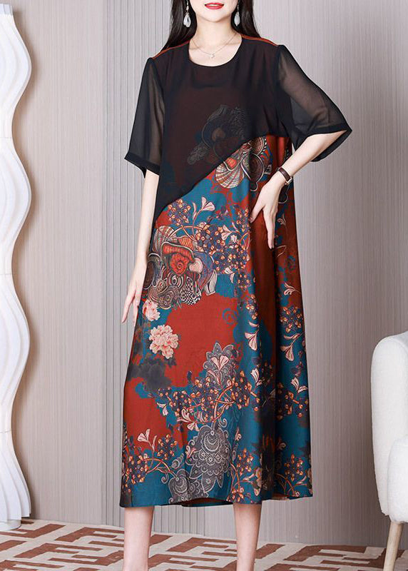 Boho Black O-Neck Patchwork Silk Fake Two Piece Long Dress Summer