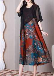 Boho Black O-Neck Patchwork Silk Fake Two Piece Long Dress Summer