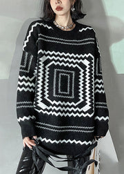 Boho Black O-Neck Plaid Cozy Thick Knit Sweater Winter