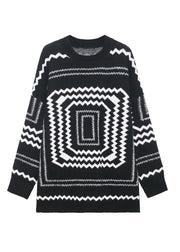Boho Black O-Neck Plaid Cozy Thick Knit Sweater Winter