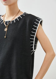 Boho Black O-Neck Striped Knit Vests Fall
