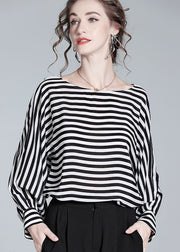 Boho Black O Neck Striped Patchwork Silk Shirt Tops Spring