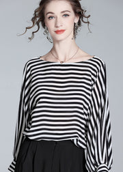 Boho Black O Neck Striped Patchwork Silk Shirt Tops Spring