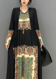 Boho Black O Neck Wrinkled Print Silk Dresses Spring