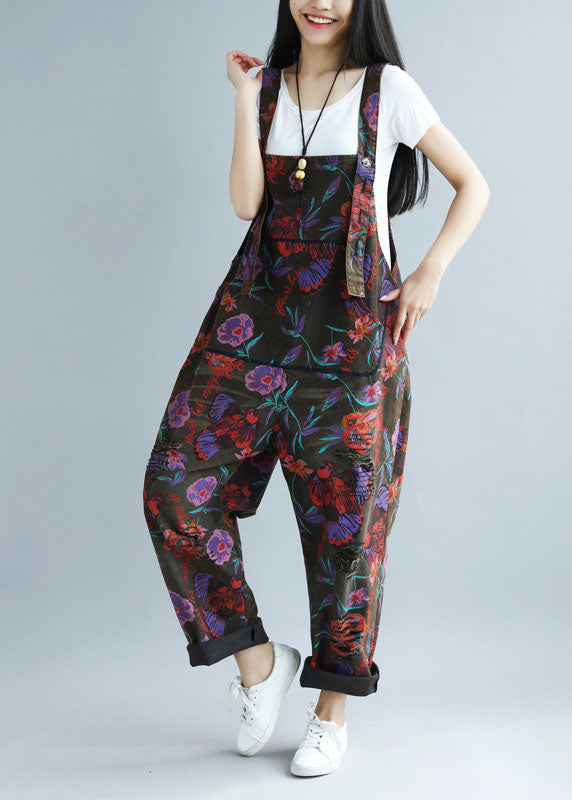 Boho Black Oversized Butterfly Print Ripped Cotton Overalls Jumpsuit Spring