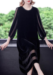Boho Black Oversized Patchwork Silk Velour Long Dresses Bracelet Sleeve