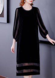 Boho Black Oversized Patchwork Silk Velour Long Dresses Bracelet Sleeve