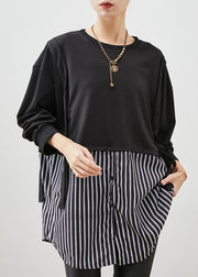 Boho Black Oversized Patchwork Striped Cotton Sweatshirt Spring