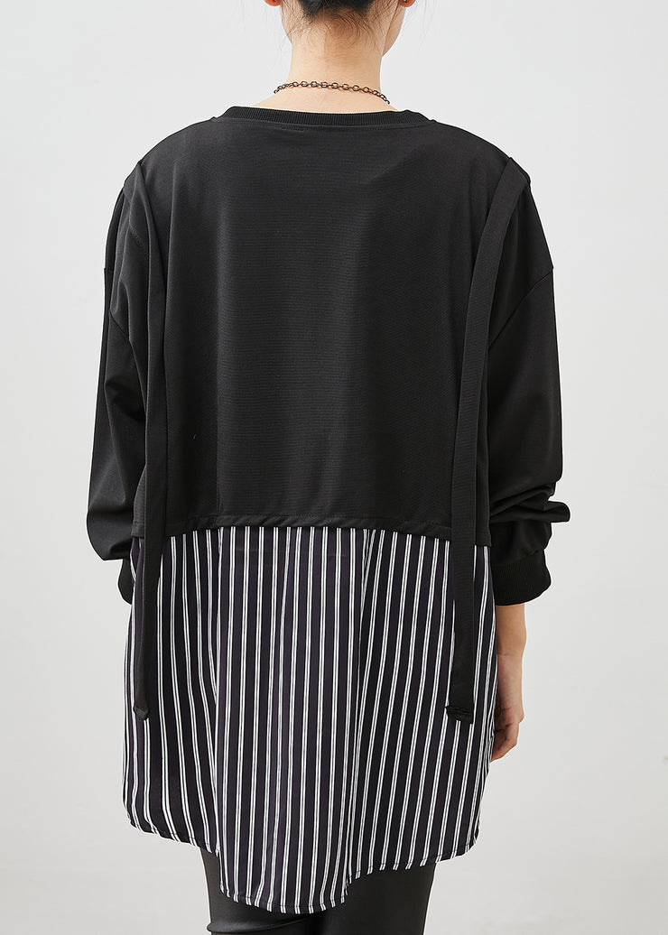 Boho Black Oversized Patchwork Striped Cotton Sweatshirt Spring