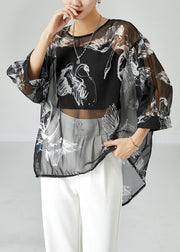 Boho Black Oversized Print Tulle UPF 50+ Tops Bracelet Sleeve