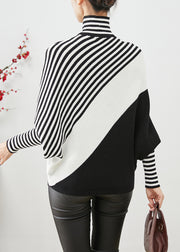 Boho Black Oversized Striped Knit Sweater Batwing Sleeve