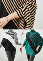 Boho Black Oversized Striped Knit Sweater Batwing Sleeve