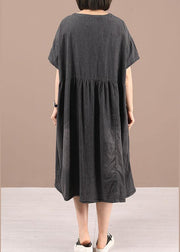 Boho Black Patchwork Cinched Denim Ankle Dress Summer - SooLinen