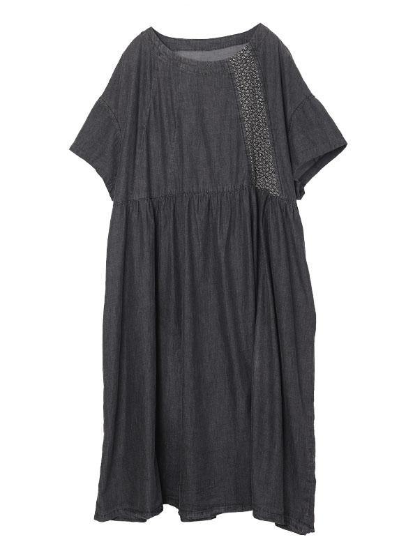 Boho Black Patchwork Cinched Denim Ankle Dress Summer - SooLinen