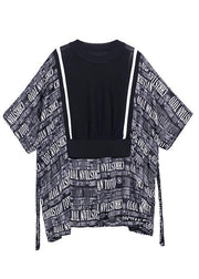 Boho Black Patchwork Graphic tie waist Blouse Tops Summer - SooLinen