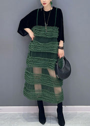 Boho Black Patchwork Green O-Neck Fake Two Pieces Tulle Long Dresses Long Sleeve