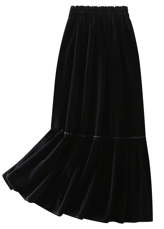 Boho Black Patchwork Silk Velour Skirt Spring