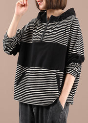 Boho Black Patchwork Striped Hooded Pockets Fall Pullover