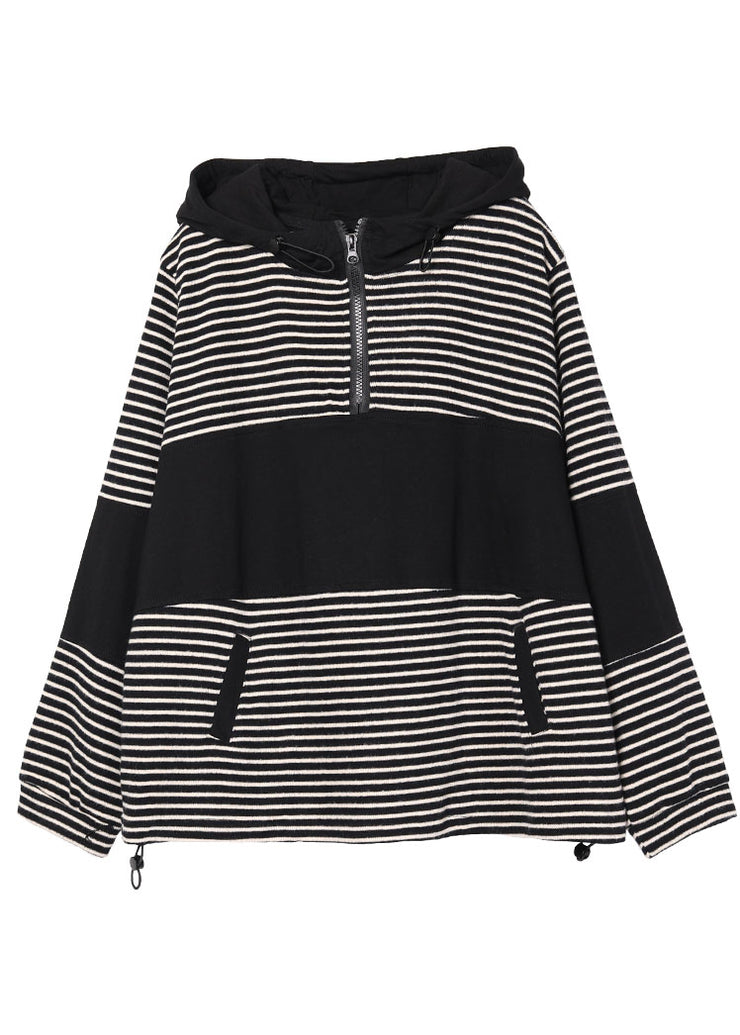 Boho Black Patchwork Striped Hooded Pockets Fall Pullover