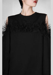 Boho Black Patchwork Tulle Cold Shoulder Long sleeve Pullover Sweatshirt - SooLinen