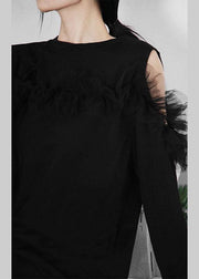 Boho Black Patchwork Tulle Cold Shoulder Long sleeve Pullover Sweatshirt - SooLinen