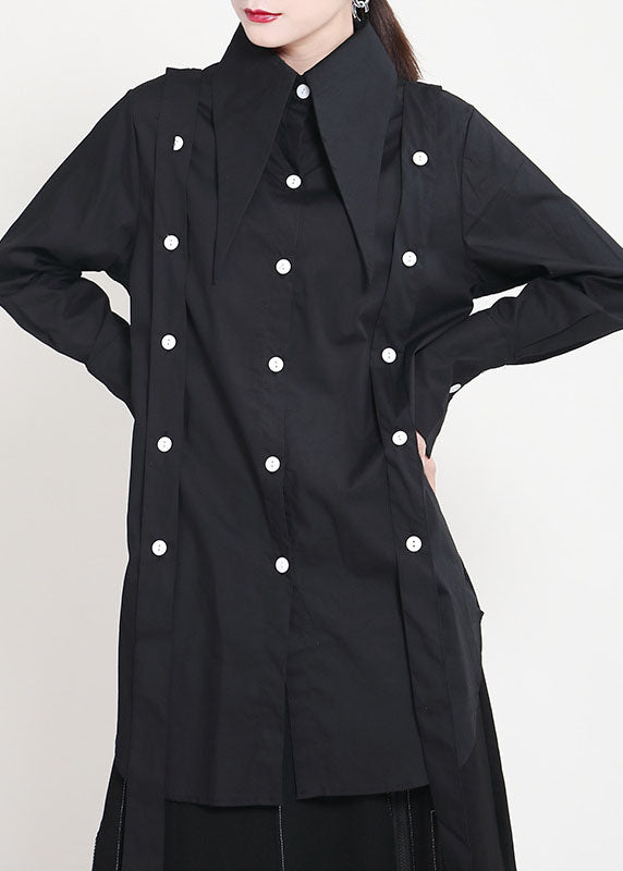 Boho Black Peter Pan Collar Button Asymmetrical Design Patchwork Fall Shirts Long sleeve