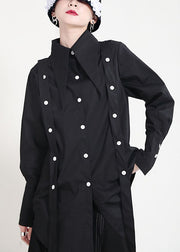 Boho Black Peter Pan Collar Button Asymmetrical Design Patchwork Fall Shirts Long sleeve
