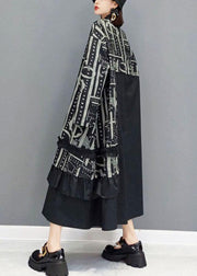 Boho Black Peter Pan Collar Button Print Asymmetrical Design Dress Fall Long Sleeve - SooLinen