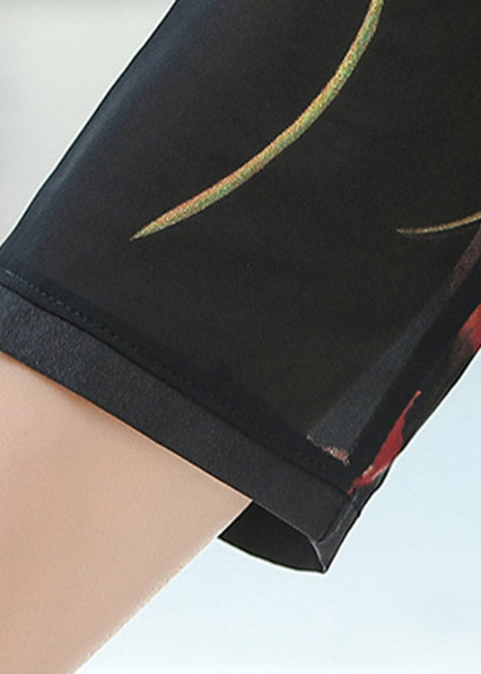 Boho Black Peter Pan Collar Print Button Silk Tops Bracelet Sleeve