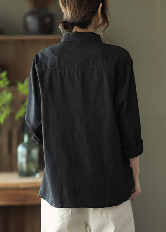 Boho Black Peter Pan Collar Print Cotton Shirt Tops Long Sleeve