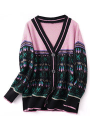 Boho Black Pink Oversized Patchwork Lazy Knit Cardigan Winter