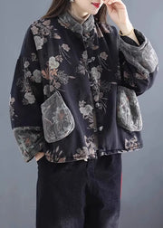 Boho Black Pockets Print Denim Warm Fleece Womens Coats Winter