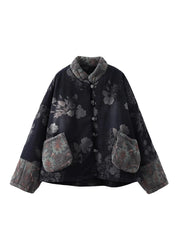 Boho Black Pockets Print Denim Warm Fleece Womens Coats Winter