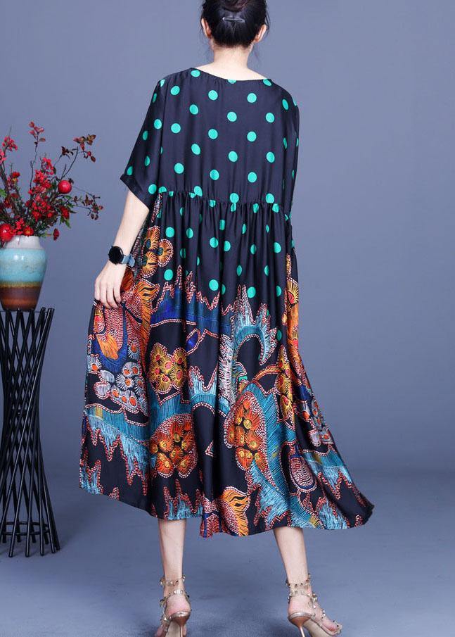Boho Black Print O-Neck Half Sleeve Silk Vacation Dresses Summer - SooLinen