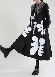Boho Black Print Patchwork asymmetrisches Design Herbstkleid mit Reißverschluss