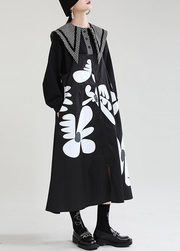 Boho Black Print Patchwork asymmetrisches Design Herbstkleid mit Reißverschluss